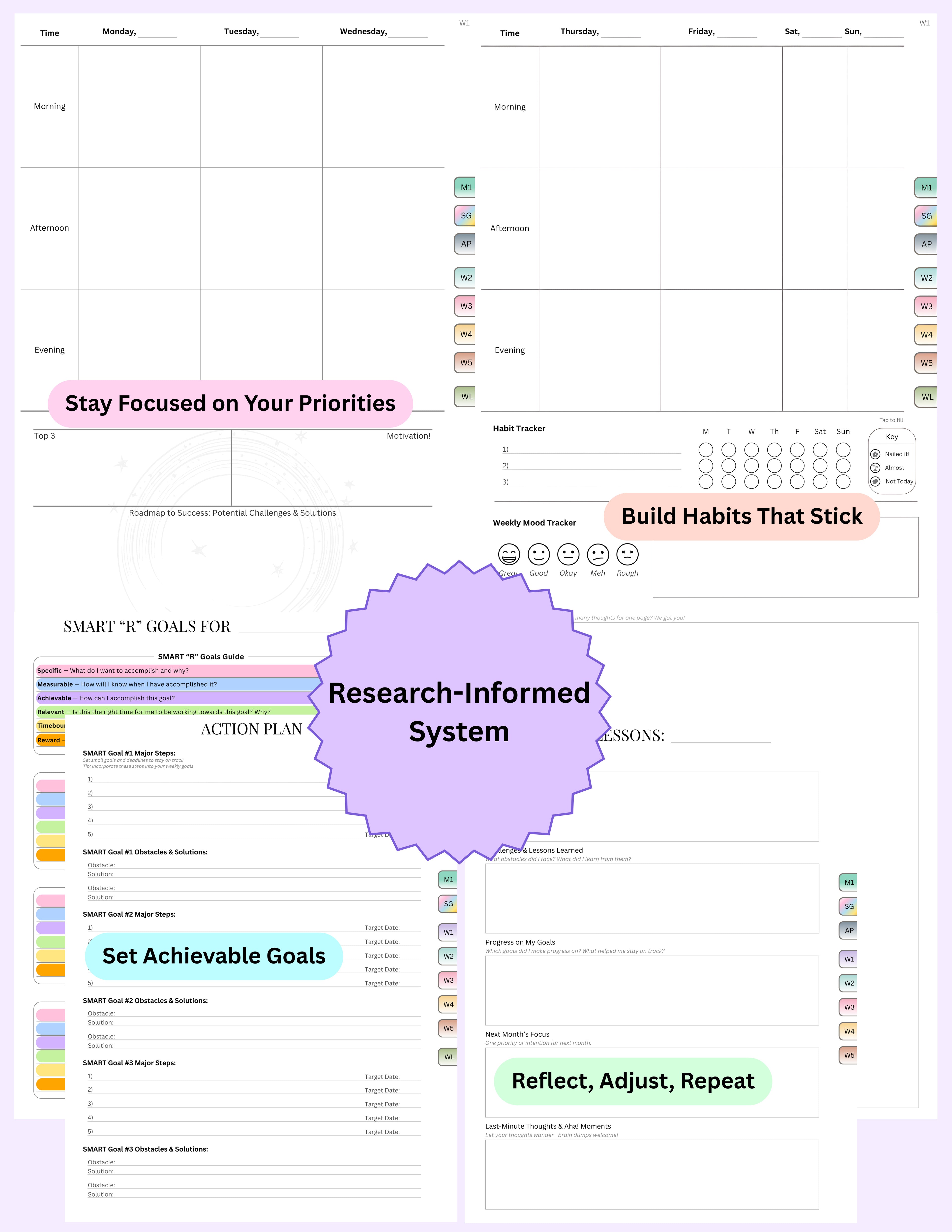 Collage of NeuroMythical undated fillable ADHD planner pages: time-blocking weekly spread with habit and mood trackers, SMART ‘R’ goals action plan, and reflection pages, with callouts like ‘Stay Focused on Your Priorities,’ ‘Build Habits That Stick,’ ‘Set Achievable Goals,’ and ‘Reflect, Adjust, Repeat.