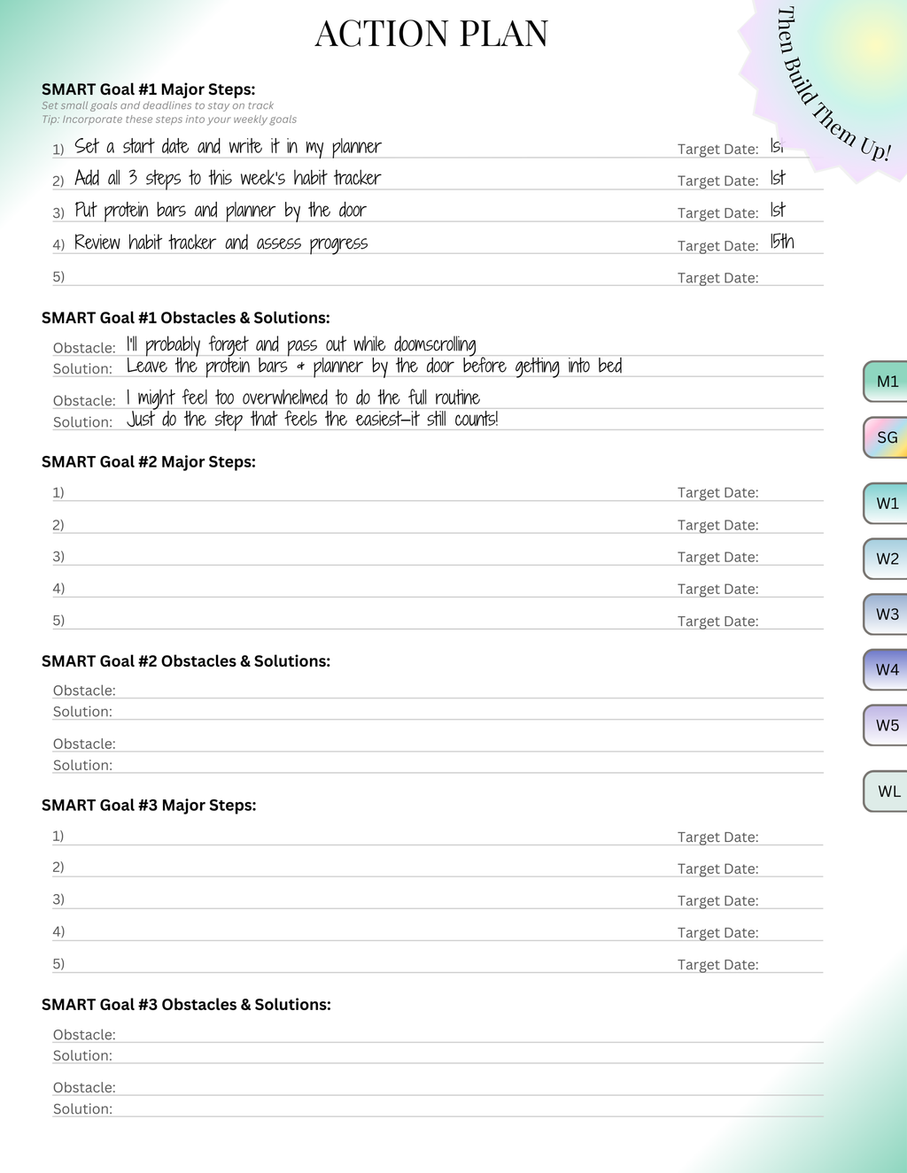 ADHD-friendly planner action plan page with step-by-step goals, obstacles, and solutions