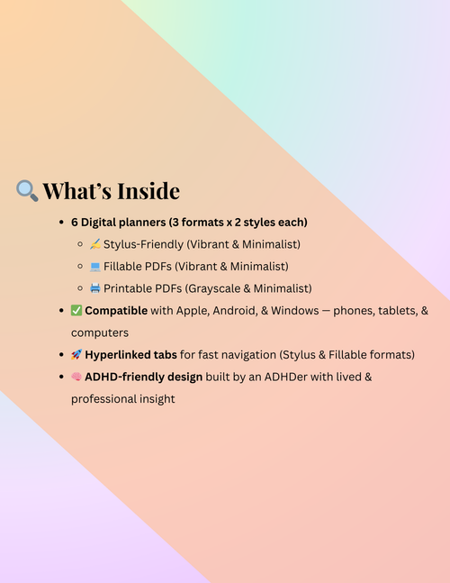 Digital ADHD-friendly planner bundle overview listing six planners across stylus, fillable, and printable formats with hyperlinked tabs, ADHD-friendly design, and multi-device compatibility.