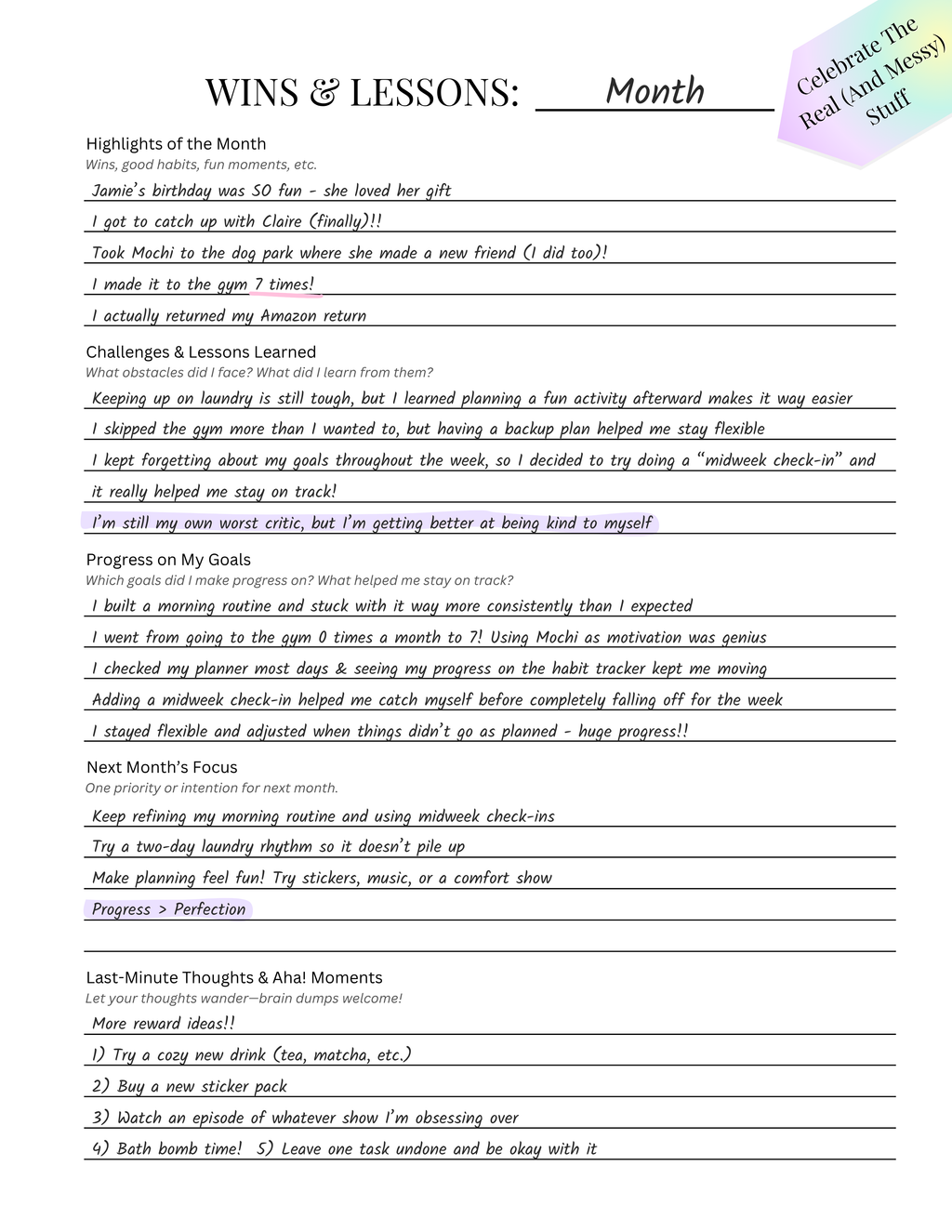 ADHD-friendly reflection page titled “Wins & Lessons” for tracking progress, lessons learned, and next month’s focus
